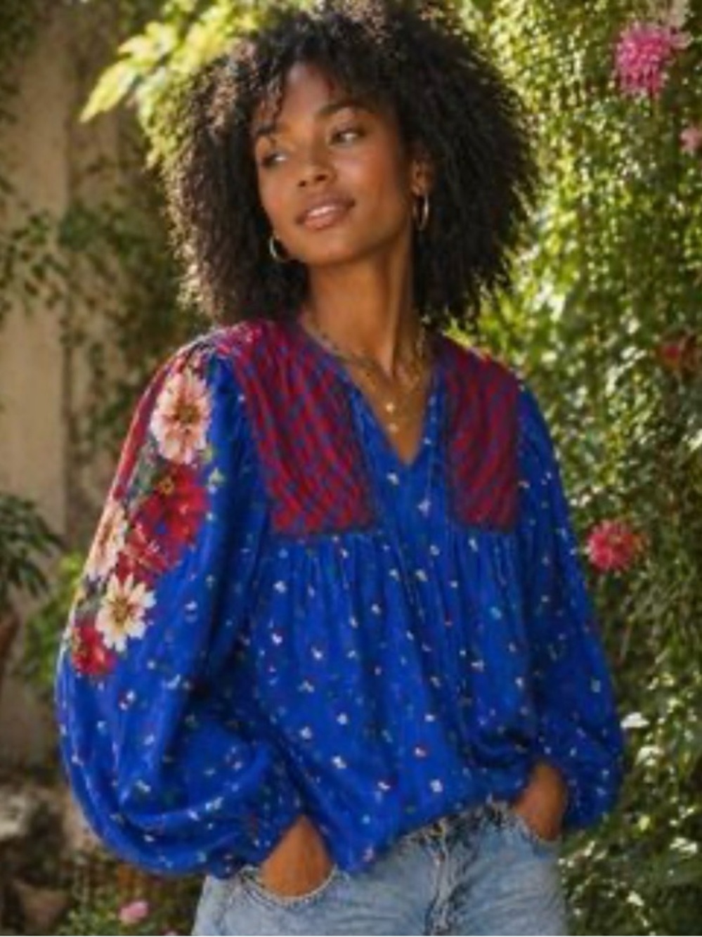 Women’s Blue Printed Long-Sleeve Blouse